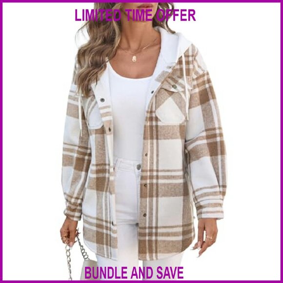 Oversized Flannel Shacket Sherpa Lined Hooded Jacket with Pockets - Picture 2 of 8